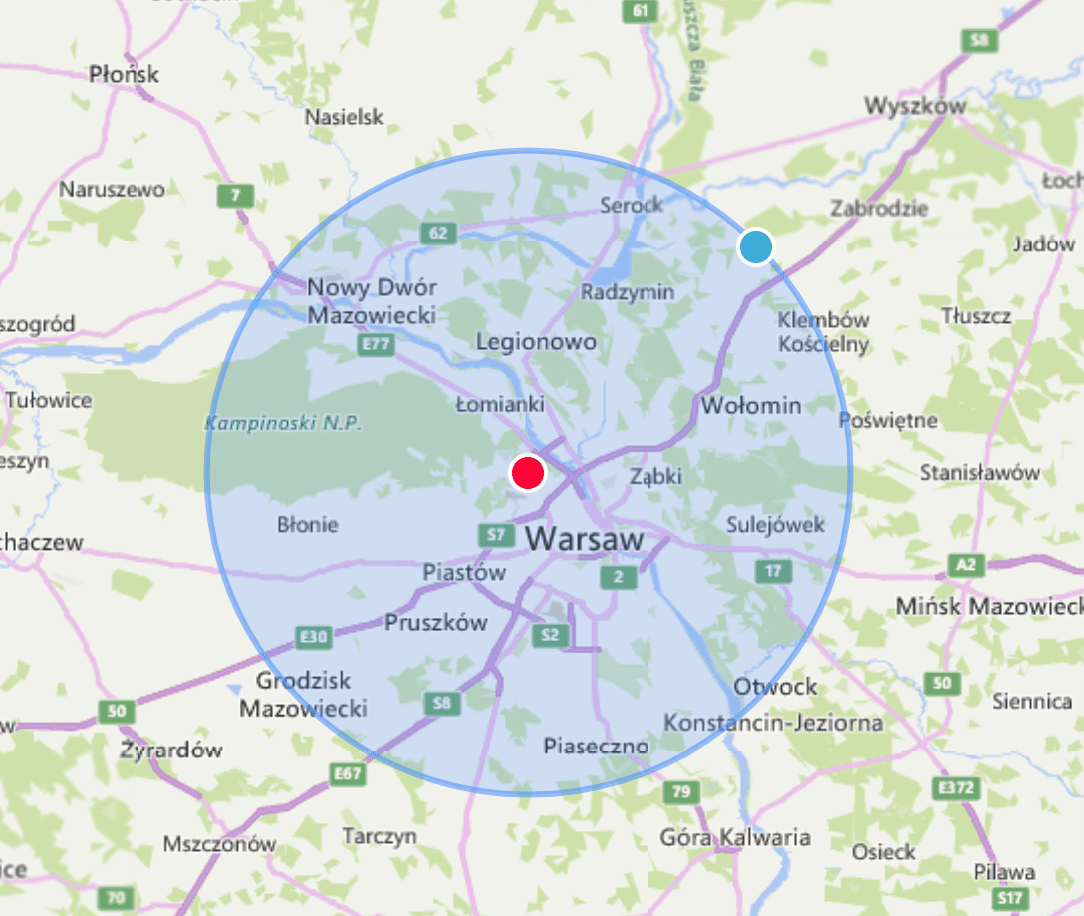 Mapa obszaru działalności kwiaciarni Sielskie Anielskie