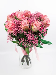 Bukiet z Różową Różą i Gipsówką