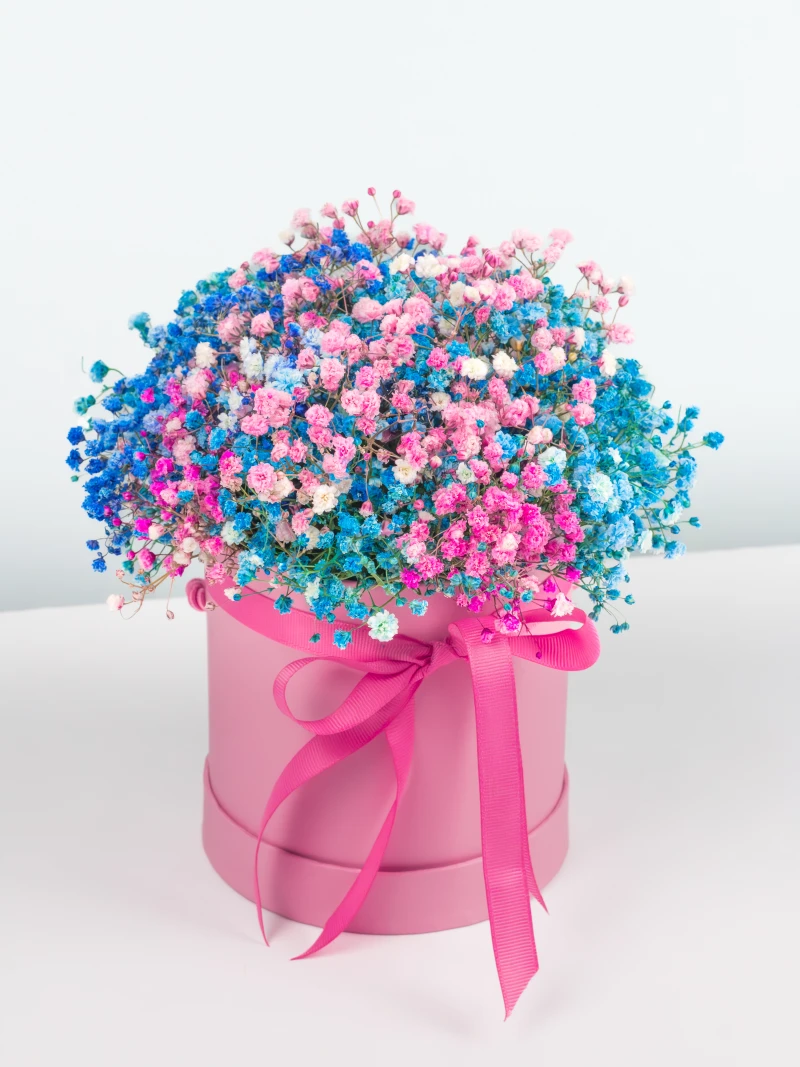 Różowy minibox z Kolorową Gipsówką